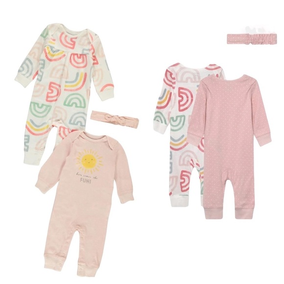 Carters Baby Girls 3pc Outfit Set Bodysuits Size 12 Months Jumpsuits Headwrap - Picture 4 of 13
